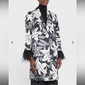 NEW Kobi Halperin Logan Feather-Trim Floral-Print Silk Coat Size XS NWT
